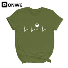 Load image into Gallery viewer, Wine Heartbeat Printed Short Sleeve Black Women T-shirt Girl Vintage Tops Tee Female