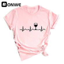 Load image into Gallery viewer, Wine Heartbeat Printed Short Sleeve Black Women T-shirt Girl Vintage Tops Tee Female