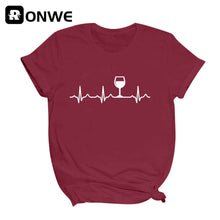 Load image into Gallery viewer, Wine Heartbeat Printed Short Sleeve Black Women T-shirt Girl Vintage Tops Tee Female
