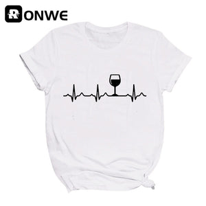Wine Heartbeat Printed Short Sleeve Black Women T-shirt Girl Vintage Tops Tee Female
