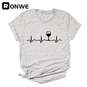 Wine Heartbeat Printed Short Sleeve Black Women T-shirt Girl Vintage Tops Tee Female