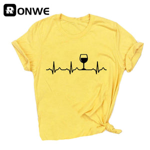 Wine Heartbeat Printed Short Sleeve Black Women T-shirt Girl Vintage Tops Tee Female