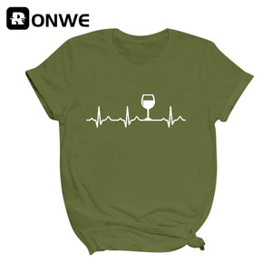 Wine Heartbeat Printed Short Sleeve Black Women T-shirt Girl Vintage Tops Tee Female