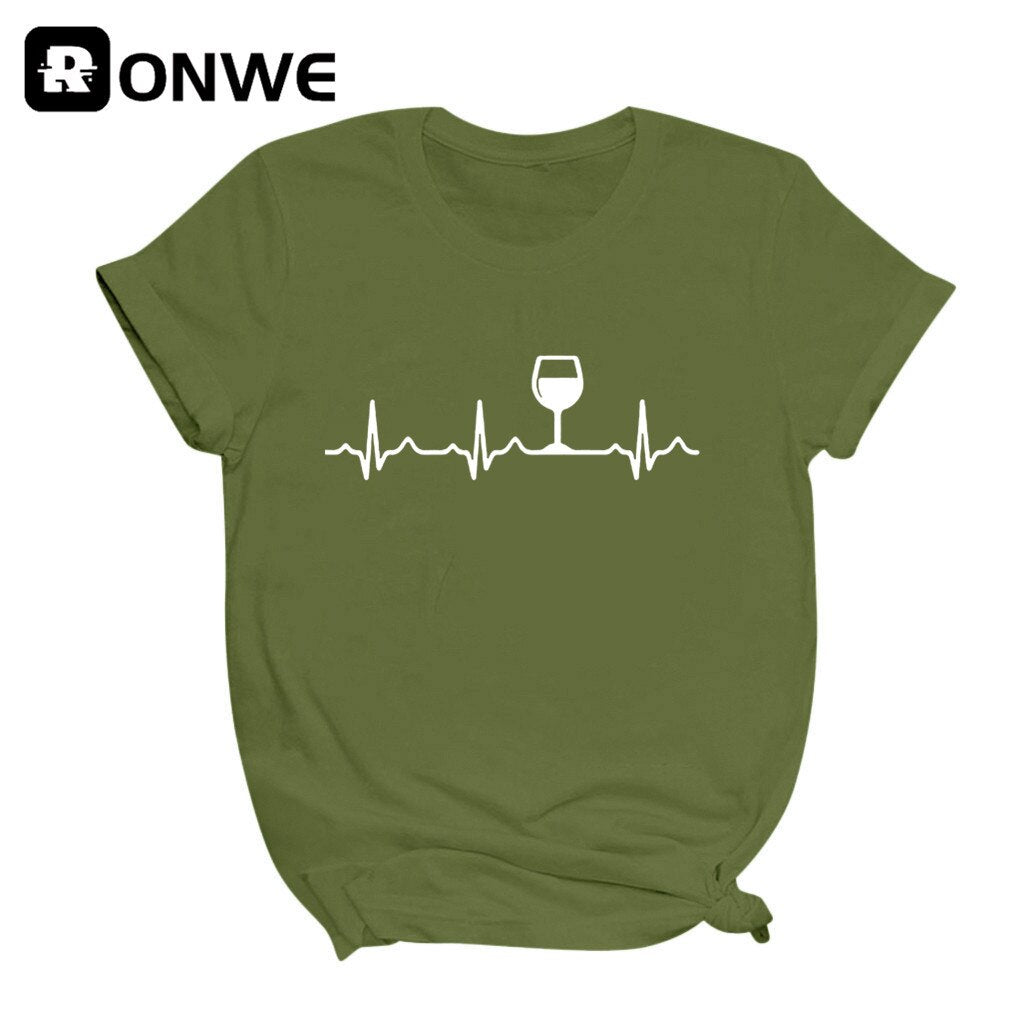 Wine Heartbeat Printed Short Sleeve Black Women T-shirt Girl Vintage Tops Tee Female