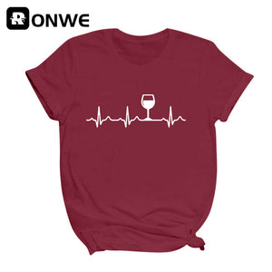 Wine Heartbeat Printed Short Sleeve Black Women T-shirt Girl Vintage Tops Tee Female