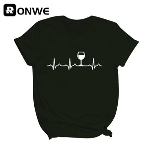 Wine Heartbeat Printed Short Sleeve Black Women T-shirt Girl Vintage Tops Tee Female