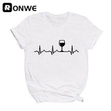 Load image into Gallery viewer, Wine Heartbeat Printed Short Sleeve Black Women T-shirt Girl Vintage Tops Tee Female
